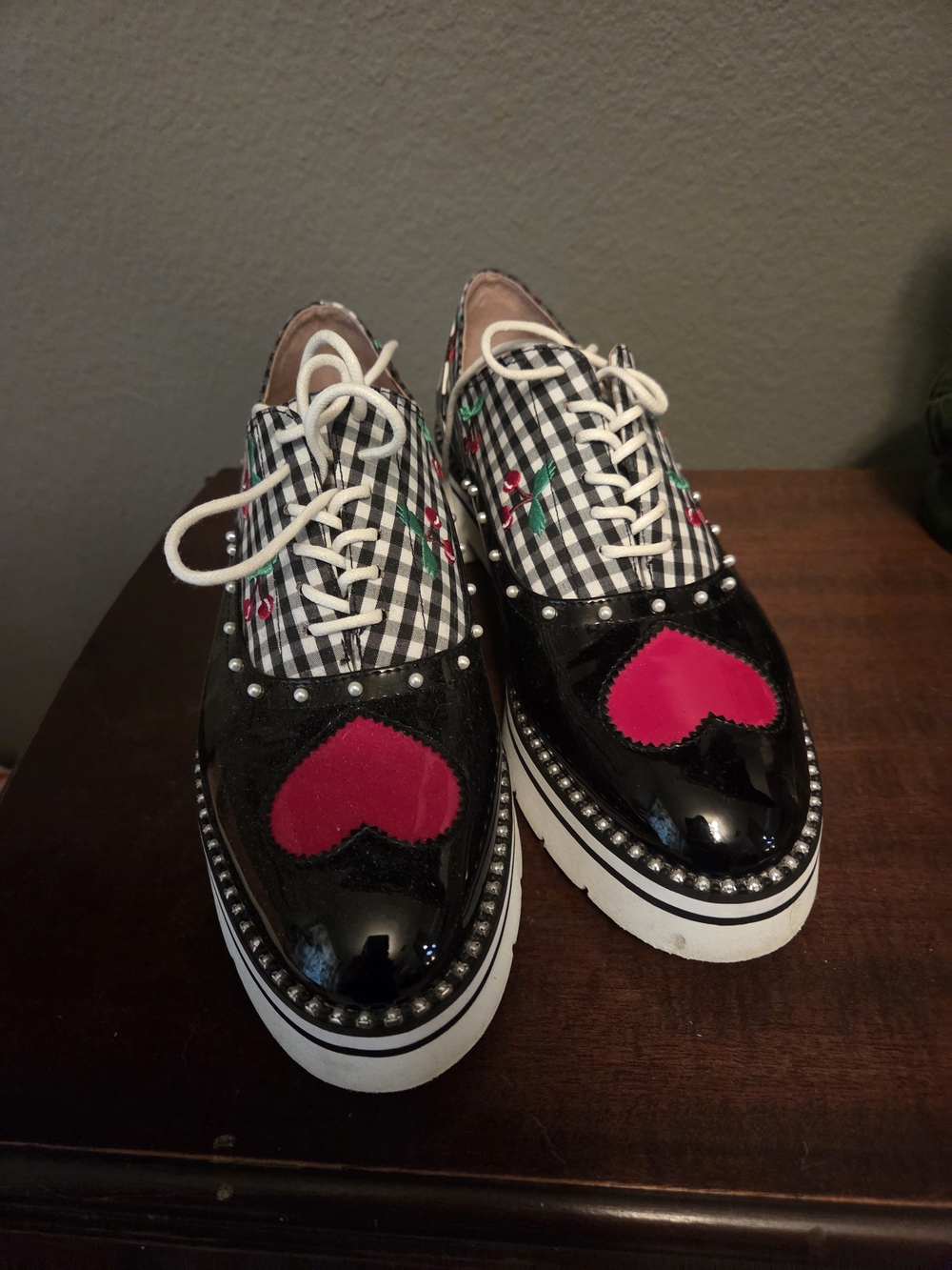 Betsey Johnaon Black Patent Lace-Up Shoes with Cherries And Heart Accent